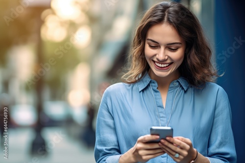 Fictional Character Created By Generated AI.Smiling woman using her smartphone on the sidewalk © shelbys