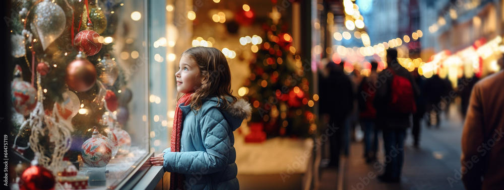 Child girl smiling looking at shop window Christmas light in shopping center