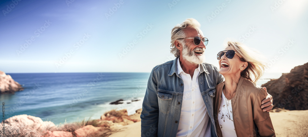 Mature couple in autumnal beach outdoors portrait