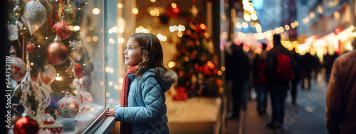 Child girl smiling looking at shop window Christmas light in shopping center