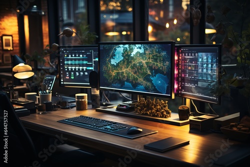 Office Desk With Multiple Monitors, Generative AI