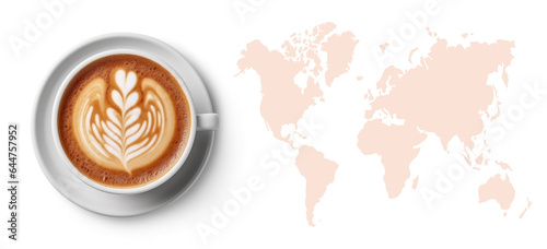 coffee flat lay with world map silhouette, coffee day concept