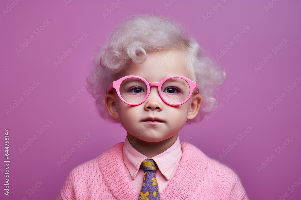 Fictional Character Created By Generated AI.A cute child in pink glasses and a tie, dressed in a sweater.