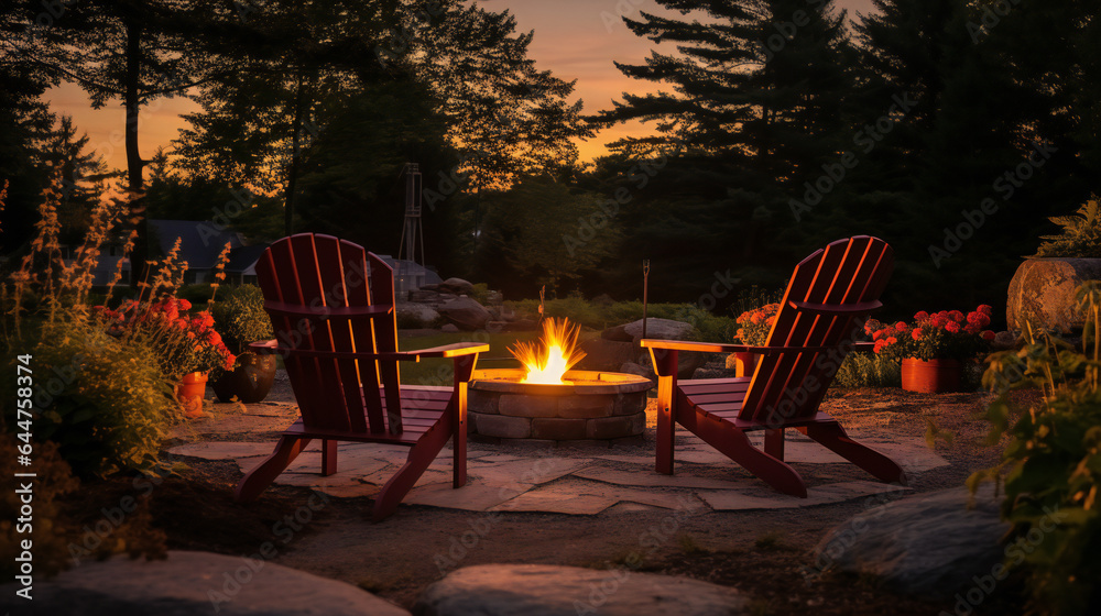Glowing Fire Pit and Lawn Chairs.  Relaxing by the Fire Pit on a Chilly Autumn Evening.