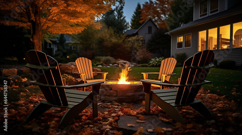 Glowing Fire Pit and Lawn Chairs. Relaxing by the Fire Pit on a Chilly Autumn Evening.