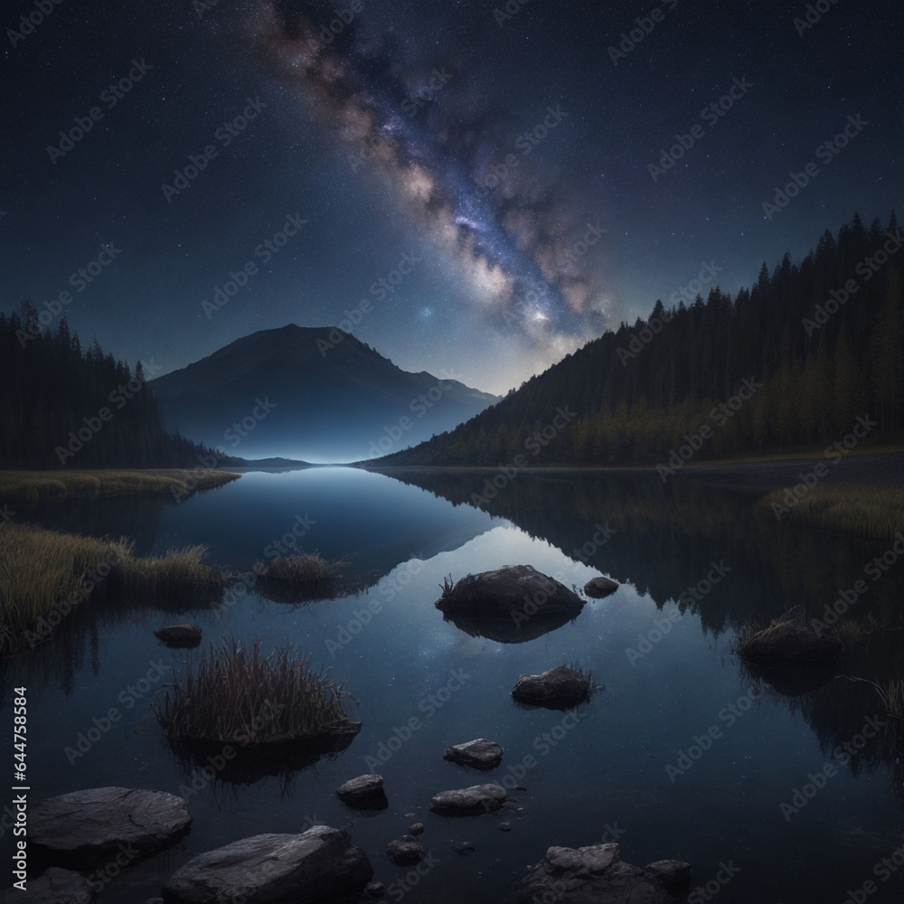 Milky way over the lake in the mountains. Night landscape.