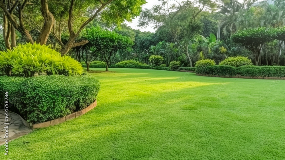 Green carpet grass smooth lawn in garden with row of bush and trees on the background. AI Generated