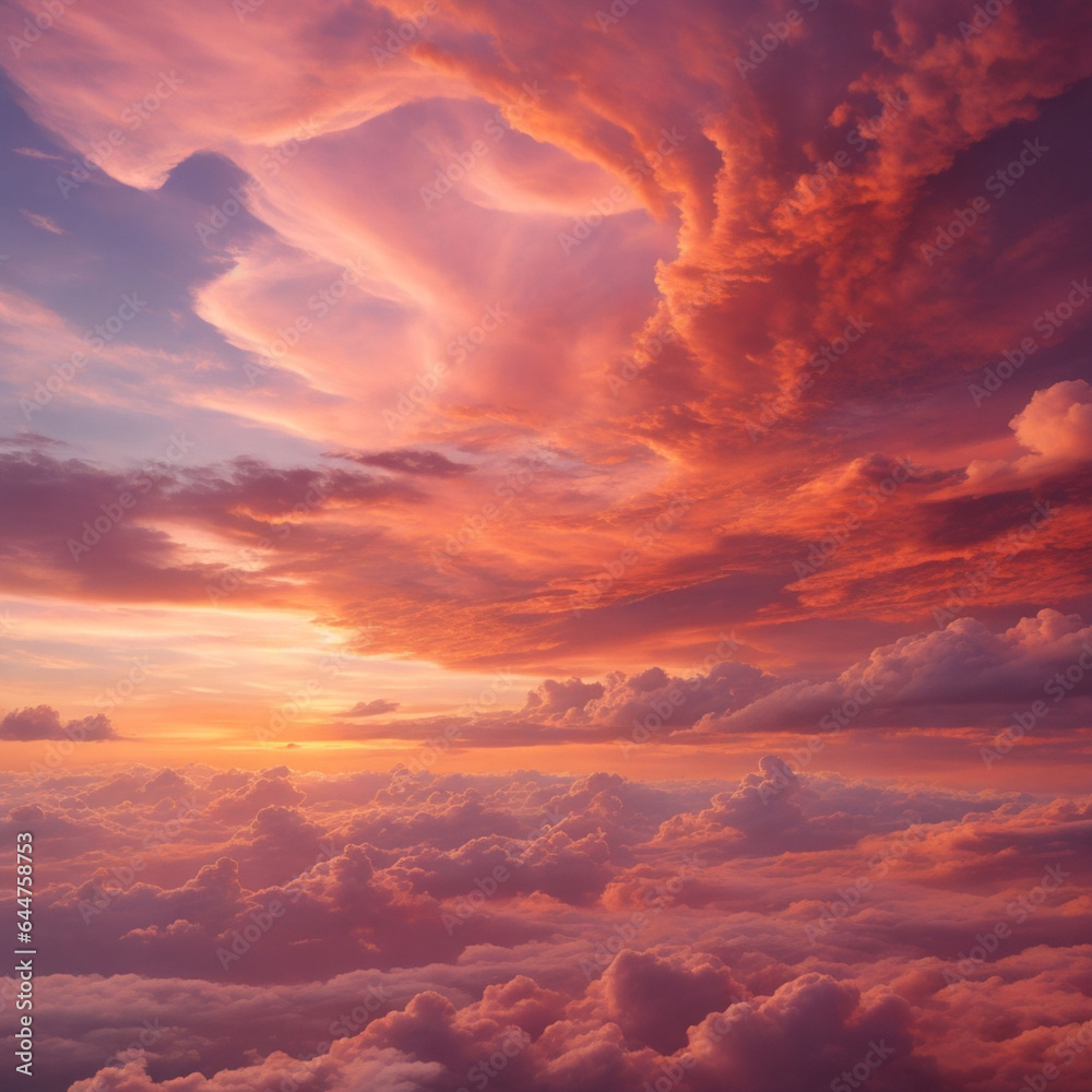 Beautiful sunset above the clouds in the sky. Colorful sky.
