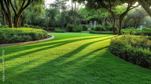 Green carpet grass smooth lawn in garden with row of bush and trees on the background. AI Generated