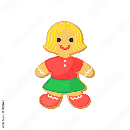 Christmas sugar cookie gingerbread woman. Xmas vector illustration with cute gingerbread person girl. Cookie shape decorated with colorful icing. Red green color holiday sugar cookie bisquit.