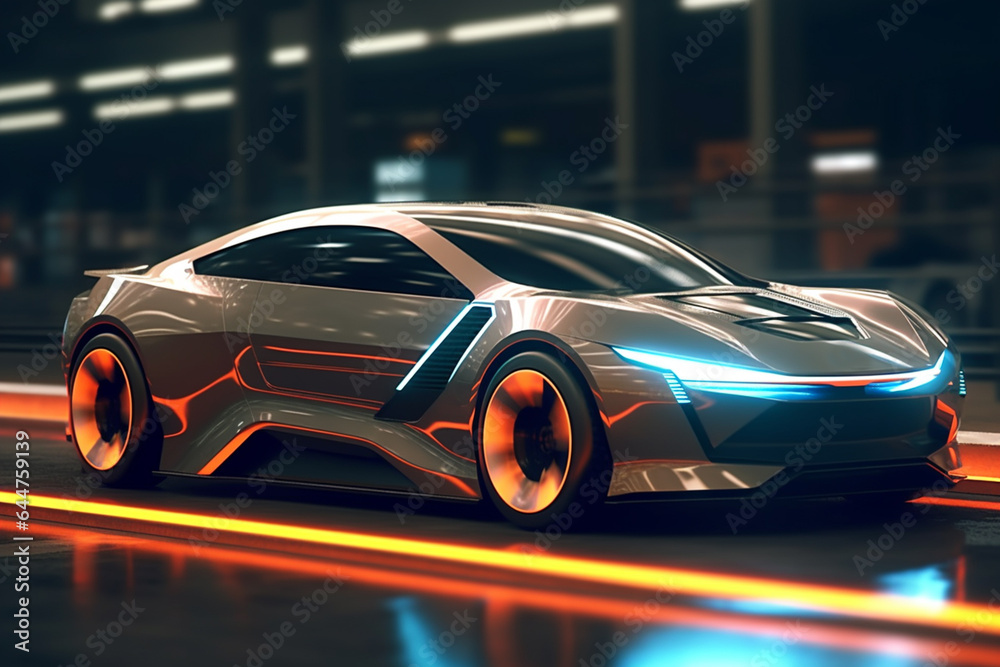 Futuristic eco and electricity sprot car in neon lights