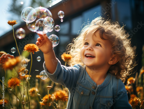 Joyful Kids Gazing Skyward at Bubbles
