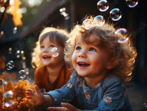 Joyful Kids Gazing Skyward at Bubbles