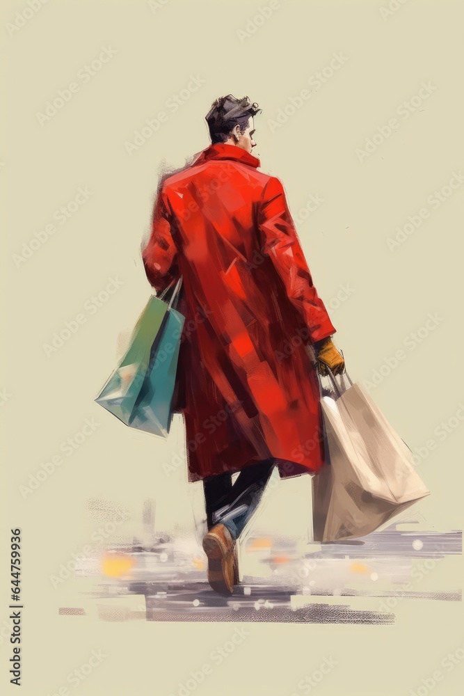Fictional Character Created By Generated AI.A man carrying multiple shopping bags walks down the street in the rain