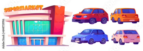 Exterior of supermarket facade and various passenger cars for parking concept. Cartoon vector illustration of vehicles standing in front and rear. Entrance to store building with large glass windows
