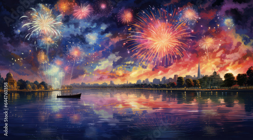 a full set of fireworks under an evening sky with a lake