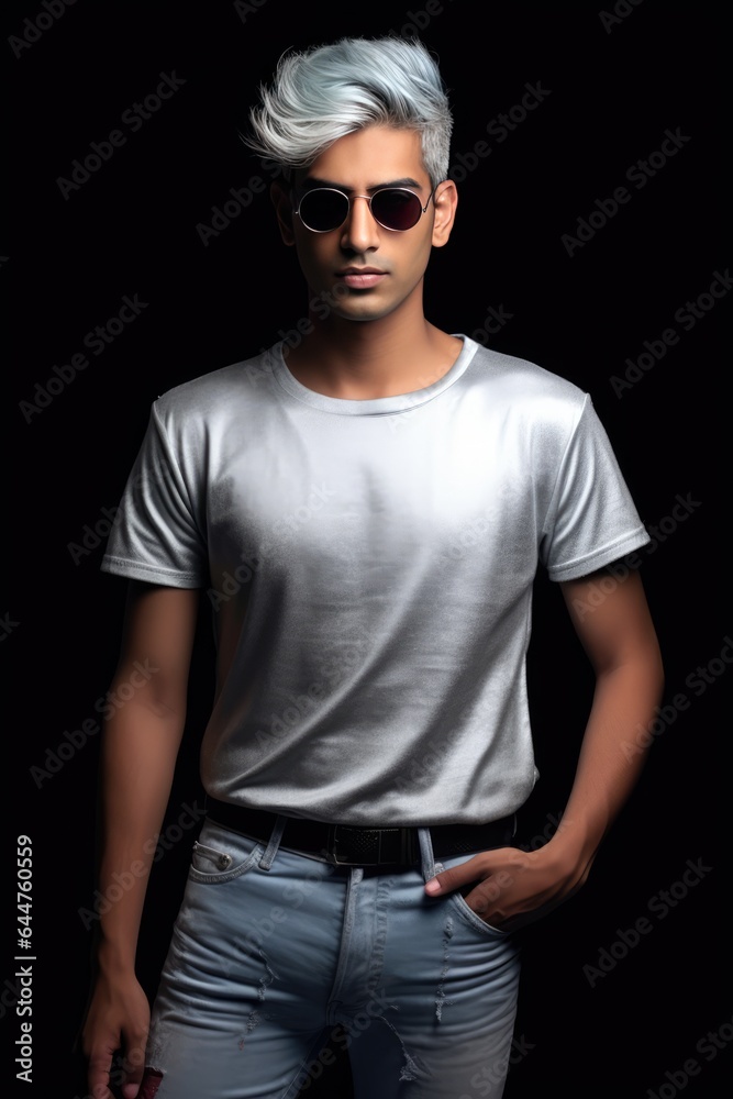 Fictional Character Created By Generated AI.Stylish Young Man in Fashionable Jeans and Sunglasses