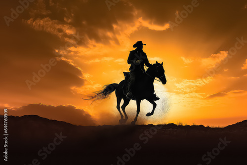 Cowboy silhouette on horse at sunset