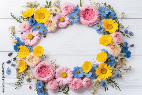 beautiful wreath with flowers and spring flowers on light blue background, top viewbeautiful wreath with flowers and spring flowers on light blue background, top viewframe from colorful flowers, blue  photo