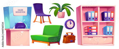 Bank interior furniture and equipment set. Cartoon vector cash register with glass window and computer monitor, sofa and chair for customers, cabinet with shelves and folders, clock and briefcase.
