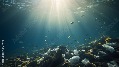 Environmental Disaster.Plastic Waste in the Sea.  Ocean Garbage.  Plastic Bottles and Debris © EwaStudio