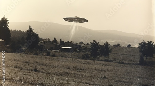 Generative AI, UFO over the Italian landscape vintage photo, aliens witnesses retro 1930s style photography