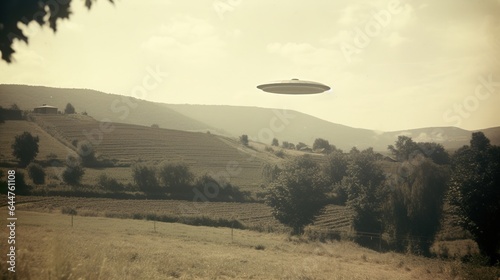 Generative AI, UFO over the Italian landscape vintage photo, aliens witnesses retro 1930s style photography