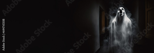 Halloween ghost in spooky empty house, dark mysterious background. AI generated.