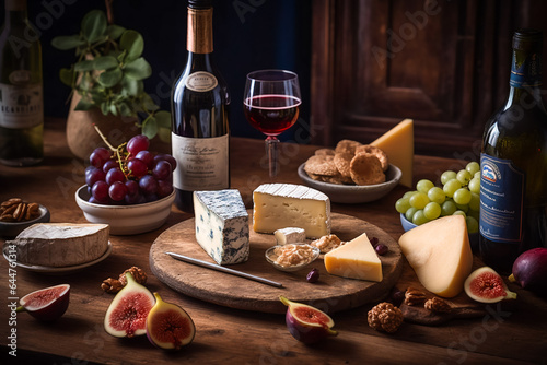 Selection Of Cheese And  Wine. AI Generated