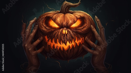 Halloween scary pumpkin with fire, dark background. AI generated.