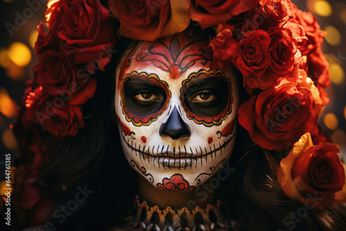  Portrait of beautiful woman with skull face make up to celebrate the day of the dead