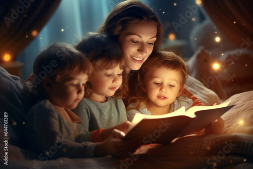 Mother with choldren reading book in bed at night