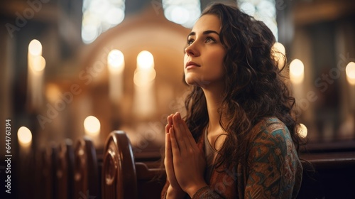 Young woman praying to god in church. Faith in religion and belief in God. Power of hope or love and devotion