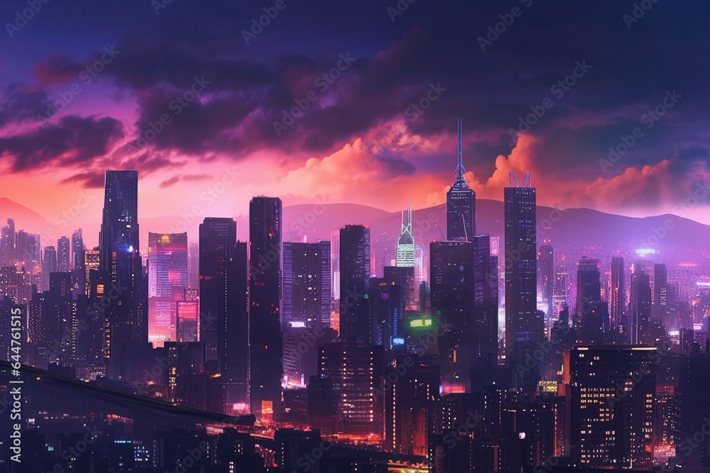 Fototapeta premium Neon towers and skyscrapers in purple lights