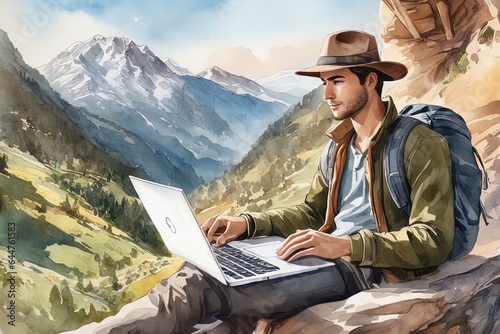 young man with laptop sitting on mountain peak with mountain backgroundyoung man with laptop sitting on mountain peak with mountain backgroundyoung man in hat and backpack with laptop in the valley of photo