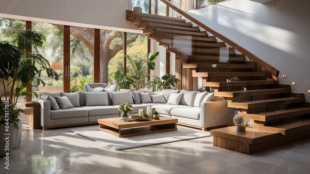 Fototapeta premium Modern villa entryway with staircase interior design..
