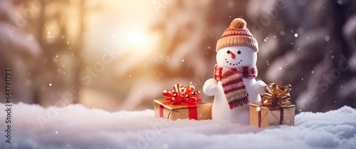 Christmas banner with snowman doll in a red scarf and a hat and Bokeh light, High-quality banner. 