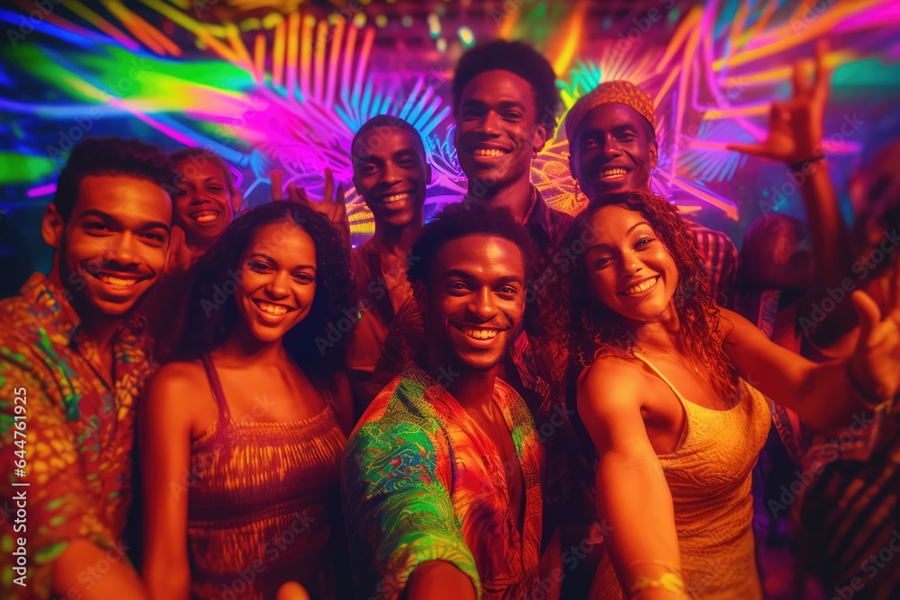 Fictional Character Created By Generated AI.Happy party people taking a group selfie with bright colored background Fictional Character Created By Generated AI.Happy party people taking a group selfie with bright colored background