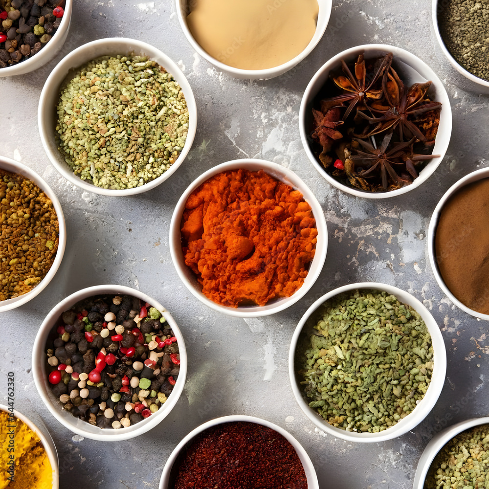 Pattern of seasoning in cups. Spice background, top view. Pattern of seasoning in cups. Spice background, top view.