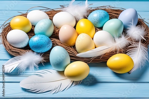 easter eggs in nest with blue featherseaster background with colored eggseaster eggs in nest with blue feathers photo