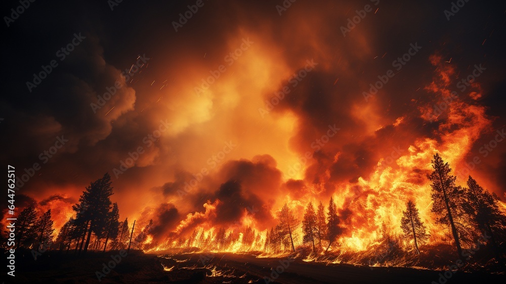 intense flames caused by a significant forest fire. As they roar over sagebrush and pine trees, flames illuminate the night. . intense flames caused by a significant forest fire. As they roar over sagebrush and pine trees, flames illuminate the night. .