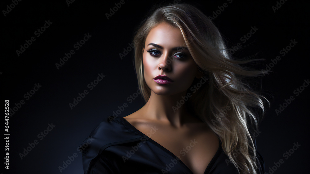 Fashion Portrait on a Dark Background.  Beautiful Woman Posing on Black