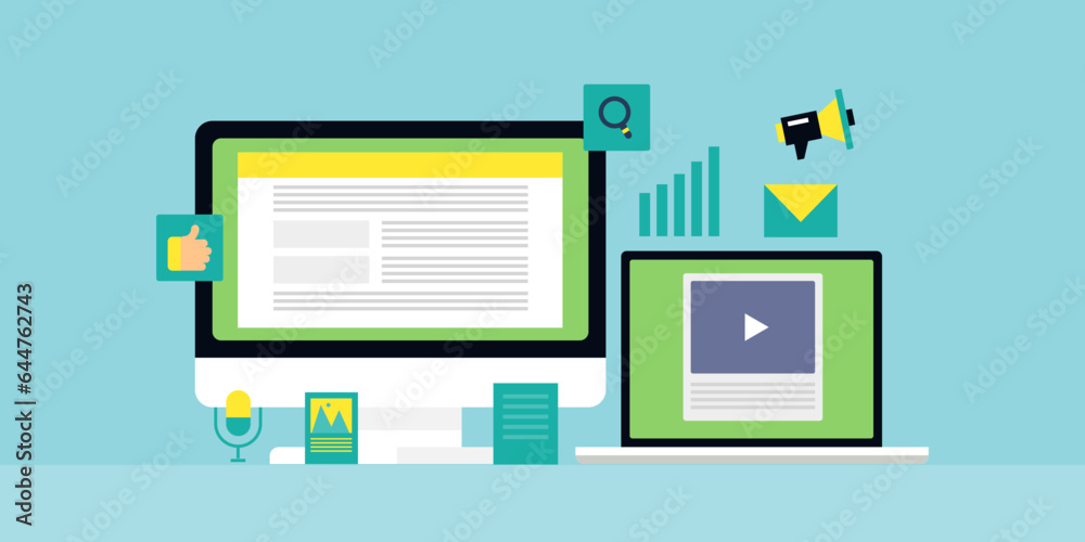 Concept of content marketing strategy with social media post, data analytics, video content, podcast and website on digital screen flat design vector banner. Concept of content marketing strategy with social media post, data analytics, video content, podcast and website on digital screen flat design vector banner.