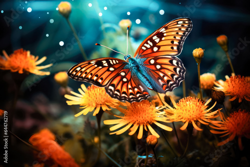 Butterfly on flower with filter effect retro vintage style