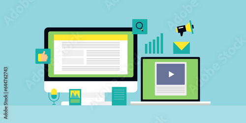 Concept of content marketing strategy with social media post, data analytics, video content, podcast and website on digital screen flat design vector banner.