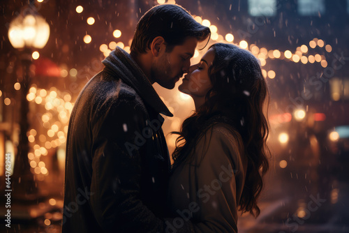 a couple kissing under Christmas lights and snow on New Year's Eve