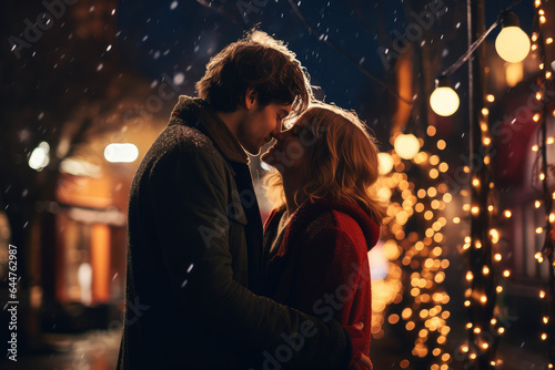 a couple kissing under Christmas lights and snow on New Year's Eve