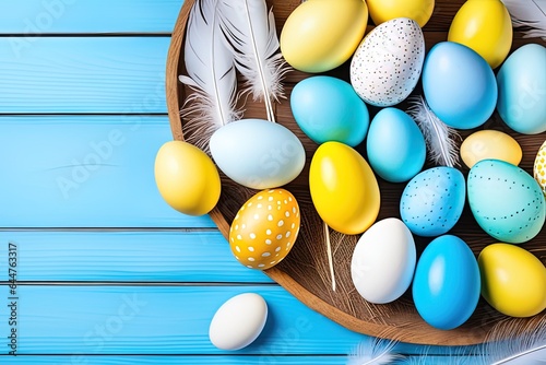 easter eggs and colorful easter eggs in nest on blue wooden backgroundeaster eggs and colorful easter eggs in nest on blue wooden backgroundcolorful easter eggs in nest on white wooden background. eas photo