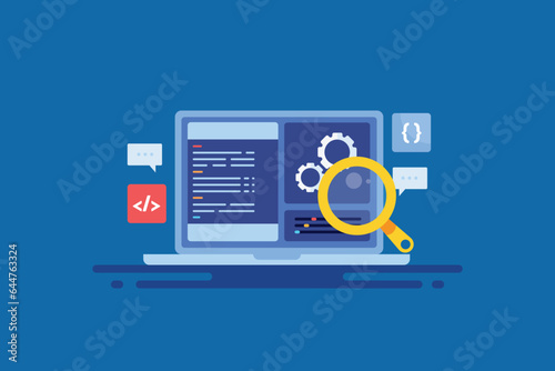 Digital web application development interface with code programming language on laptop screen display, software technology concept, vector banner.