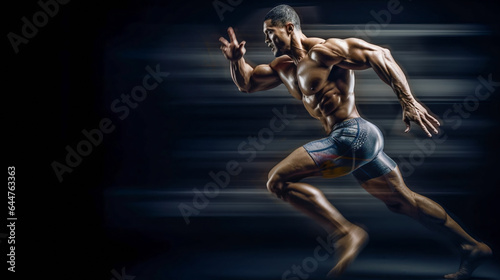 A dynamic runner. portrait of active young muscular running man.  strong athletic man. AI Generated © EwaStudio